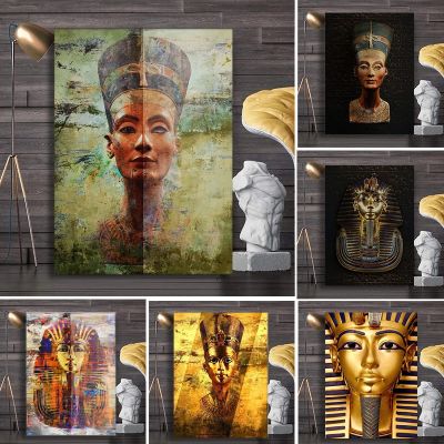 ลฟ์สมเด็จพระราชินีอียิปต์โบราณโปสเตอร์เนเฟอร์ติติติศิลปะบนผนังโปสเตอร์ภาพวาดผ้าใบและพิมพ์สีทอง Tutankhamun รูปภาพการตกแต่งบ้านห้อง