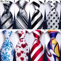 Hi-Tie White Black Red Striped Novelty Tie For Men Silk Wedding Tie Gravat Hanky Cufflink Fashion Design Business Dropshipping