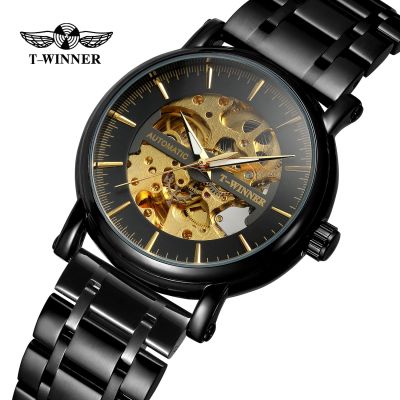 T-Winner Top Brand Vintage Skeleton Automatic Watch for Men Steampunk Dial High End Stainless Steel Band Black Color Wristwatch