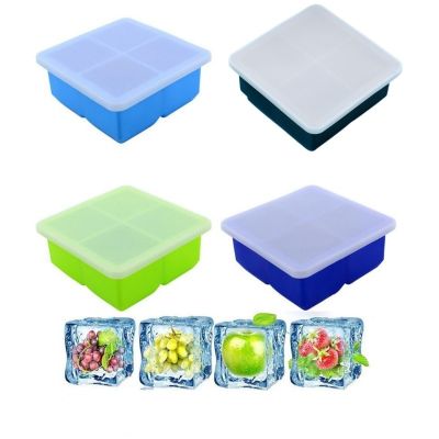 Big Ice Cube Maker Tray Silicone Square Ice Mold Mould for Whiskey Cocktail Brandy Large Cubitera Ice Tray Ice Cube Mold 4 Grid Ice Maker Ice Cream Mo