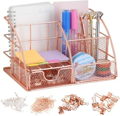 Rose Gold Desk Organizer with Drawer,File Tray and 4 Upright Sections for Pen,Marker,Paper etc, Mesh Metal Multi-Use Stationery Desktop Organizer for Office,School,Home,Office Storage Box and Desk Accessories.