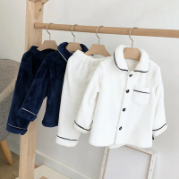 Winter Kid White Navy Blue Lapel Cardigan Pajamas Set Baby Boys Flannel Coral Fleece Warm Clothes Thick Toddler Girls Home Sets