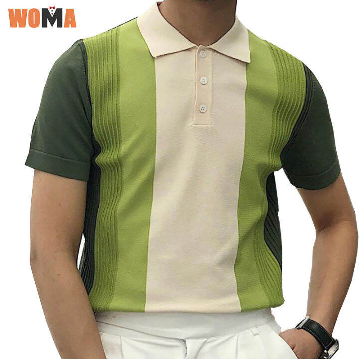 woma-เสื้อโปโลถักผู้ชายแขนสั้นคอปกตั้งสลิมฟิตเสื้อยืดผู้ชายบล็อกสีถักปกแขนสั้น