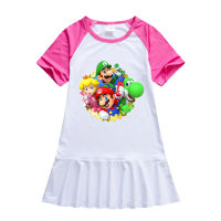 Super Mario Bros ชุดเดรสเด็กน่ารัก,ชุดเดรสเสื้อยืดผ้าฝ้ายเดรสชุดแขนสั้นเจ้าหญิงฤดูร้อนหวานและเด็กผู้หญิง0000