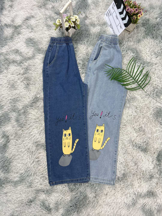 กางเกงยีนส์แฟชั่นนำเข้าสไตล์เกาหลี-กางเกงยีนส์เอวสูง-กางเกงยีนส์ขายาววินเทจขากระบอกเอวยางยืดฟรีไซส์-ยืดเยอะ