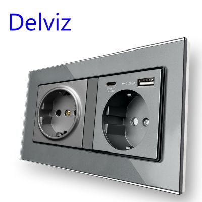 ஐ Delviz Wall Power Double Outlet 5V 3100mA With usb Quick charge Port Tempered glass panel EU Standard 18W Type C USB Socket
