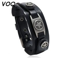 VOQ Simple Retro Five pointed Star Leather Bracelet Punk Style Multi layer Men Bracelets European and American New Jewelry