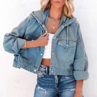 ZZOOI Hooded Denim Jacket Women Long Sleeve Front Pocket Jackets Vintage Distressed Button Jean Cropped Coat Party Slim Short Overcoat