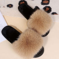 Fur Slippers Women Real Fox Fur Slides Home Furry Flat Sandals Female Cute Fluffy House Shoes Woman nd Luxury 2021