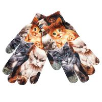 3D Cat Print Knitted Men Women Gloves Winter Warm Phone Screen Kitty Harajuku Ladies Mittens варежки женские зимние guantes