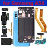 หน้าจอ Super OLED สำหรับ Galaxy A50 A505F A505U ฝาหลังที่หน้าจอชาร์จฉากกั้นสำหรับถ่ายภาพลำโพงอะไหล่จอแอลซีดีพร้อมกรอบ