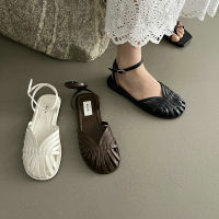 Mori Style Closed Toe Roman Sandals Summer Fairy Style 2023 New Weaving Hollow R French Gentle Flat Shoes