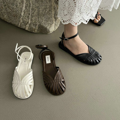 Mori Style Closed Toe Roman Sandals Summer Fairy Style 2023 New Weaving Hollow R French Gentle Flat Shoes
