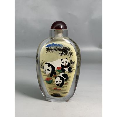 ۩ 4.7 quot; Collect Chinese Colored Glaze inside Painted Animal Panda Snuff Bottle