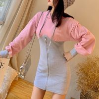 Autumn Women Hooded Dresses Long Sleeve Slim Stitching Dress