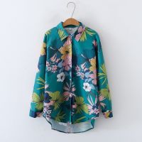 ◐✌☇ European and American style womens new flower print loose lapel long-sleeved fashion shirt