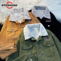 KYUSHUAD ปกขนเฟอร์อบอุ่นผู้ชายเสื้อแจ็คเก็ตลำลองสั้นสีทึบเสื้อแจ๊คเก็ตมีกระเป๋าทำงานหนา