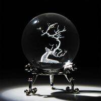 H D 60mm Christmas 3D Elk Crystal Ball with Silver-Plated Flowering Stand Xmas Deer Reindeer Ornaments Figures Glass Ball