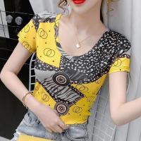 COD dsdgfhgfsdsss Ready Stock Summer new V-neck printed short-sleeved top womens inner wear small shirt trendy all-match bottoming shirt slim short-sleeved t-shirt