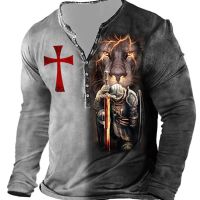 【อเนกประสงค์】สิงโตย้อนยุคและอัศวิน Templar พิมพ์ผู้ชายเสื้อยืดฤดูใบไม้ผลิฤดูอเนกประสงค์เลียนแบบผ้าฝ้ายคอ V แขนยาวท็อปส์ปุ่มลงเสื้อยืด