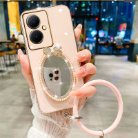 เคสโทรศัพท์2023สำหรับ VIVO V29 Y78 Y27 Y02 Y02A Y02T V27 V25e V25 X90 Pro 4G 5G เคสสมาร์ทโฟนใหม่พร้อมโบว์ประดับพลอยเทียมระยิบระยับ + สร้อยข้อมือเคสป้องกันกล้อง VivoY78ซิลิโคนนิ่ม