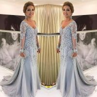 【YF】 Elegant Blue Silver Mother of the Bride Dresses Long Sleeves 2021 V Neck Godmother Evening Wedding Party Guest Gowns New