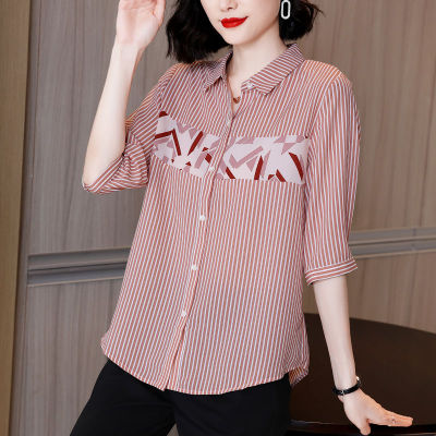 เสื้อลายทางสำหรับสตรีฤดูร้อนเสื้อชีฟองแฟชั่นปุ่มด้านหน้าครึ่งแขนเสื้อใหม่เสื้อเชิ้ตเกาหลีคลาสสิก