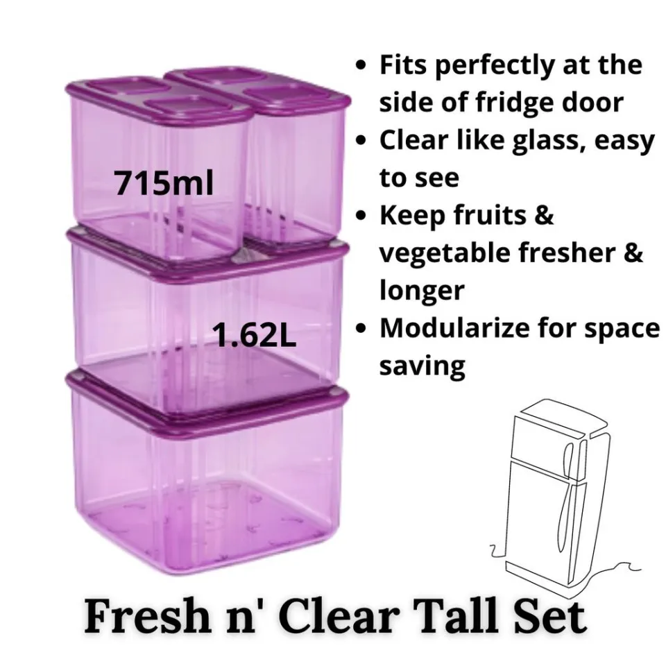 Tupperware Purple Fresh N Clear Clearmate Large 1.6L 2.5L Food Containers  Set