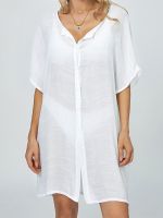 Hot sell Women Bikini Cover Ups See Through Short Sleeve Button Down Loose Short Dress Casual Sexy Beach Swimwear Smock Female