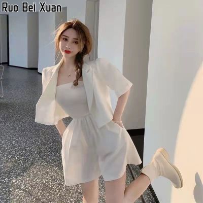 Ruo Bei Xuan ชุดกางเกงขาสั้นสำหรับผู้หญิง,เสื้อสูทแจ็กเก็ตสูทแบบบางเสื้อสูทแขนสั้นสองชิ้นแบบลำลองใหม่