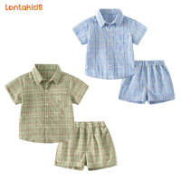 lontakids เสื้อเชิ้ตเด็กผู้ชาย2ชิ้นชุดกางเกงขาสั้นกระดุมแขนสั้นผ้าฝ้ายเสื้อเชิ้ตลายสก๊อตสั้นสุดเท่ชุดสูทฤดูร้อนสำหรับเด็กวัยหัดเดิน