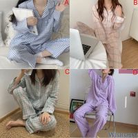 【NEW Popular】☄Baju Tidur ชุดนอนสตรีแขนยาวพิมพ์ลายตารางสำหรับผู้หญิงชุดใส่นอนชุดนอนใส่อยู่บ้านชุดชุดนอนผ้าฝ้าย MODE Korea