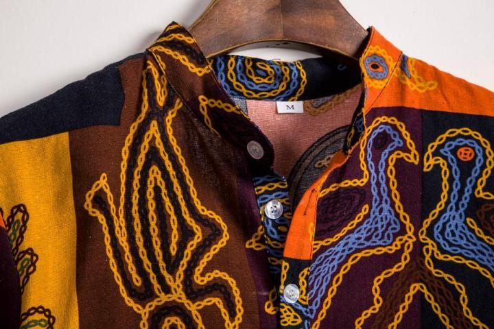 rainny-บุรุษชาติพันธุ์แขนสั้นลำลองผ้าฝ้ายผ้าลินินพิมพ์เสื้อฮาวายสำหรับผู้ชายเสื้อ