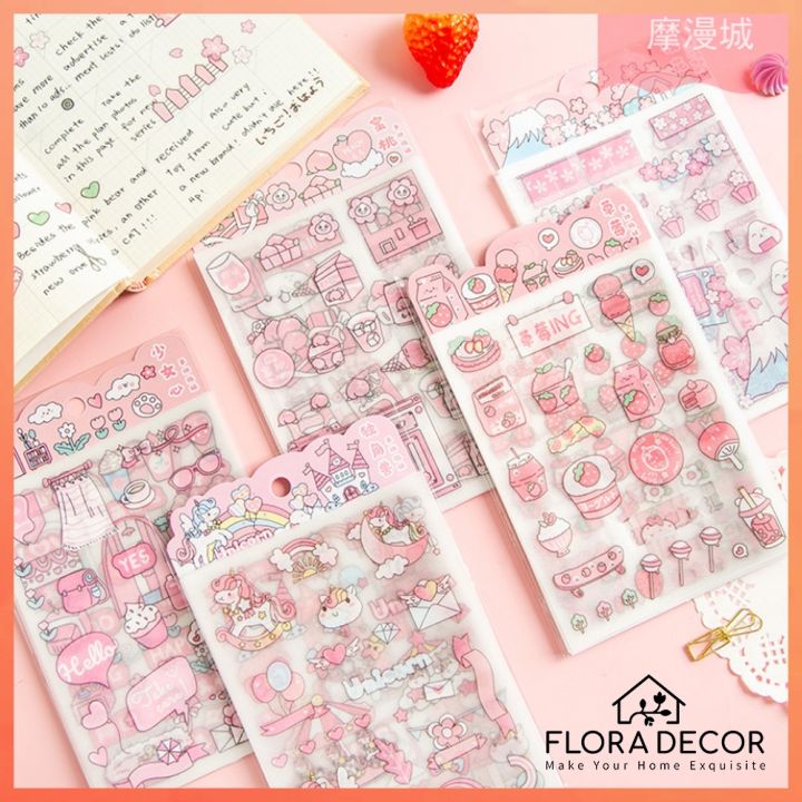 Sticker màu hồng dễ thương 3 tờ Flora Decor trang trí kệ tủ tập sổ ...
