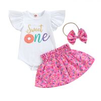 Infant Baby Girl One Birthday Summer Skirt Set Letter Print Fly-sleeve Round Neck Tops Donut Sugar Print Skirt Bow Headband  by Hs2023