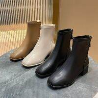 Sepatu BOOT Pendek Caohuatang3Large แขนต่ำสำหรับผู้หญิงพร้อมรองเท้าส้นหนาหัวเหลี่ยมซิปด้านหลังที่ทันสมัยรองเท้าบูท Martin ส้นสูงระดับกลางลำลอง Sizecaohuatang3ใหญ่