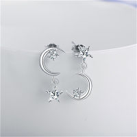 Honnyzia Shop Silver asymmetric Star Moon Earrings with S925 silver inlay for womens Earrings