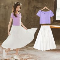 [COD] Childrens suit 2022 summer new Korean version of the big childrens short-sleeved top chiffon sweet two-piece set