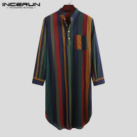 INCERUN Men Striped Sleep Robes Cotton Homewear Stand Collar Long Sleeve 2022 Leisure Nightgown Retro Comfy Men Bathrobe S-5XL 7