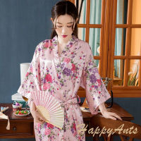 Womens simulation silk y nightwear cardigan, long robe sleepwear, floral thin pyjamas women, bath robe, satin kimono robe