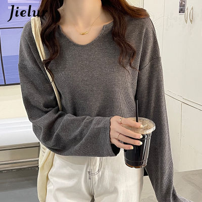Jielur Autumn New U-neck Korean T-shirt Women Pure Color Black Gray Basic Top Full Sleeve Casual Female T shirts Harajuku Hoody