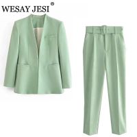 WESAY JESI ผู้หญิง Za แฟชั่น Blazer ชุดสำนักงาน Pantsuit Simple สีทึบชุดคอยาวแขนยาวกางเกง2 Pcs ชุด Blazer