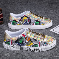 Fashion Couple Shoes Graffiti Printed Glitter Shoes Sneakers Men Classic Shell Toe Shiny Golden Flats Hip hop Men Shoes Casual