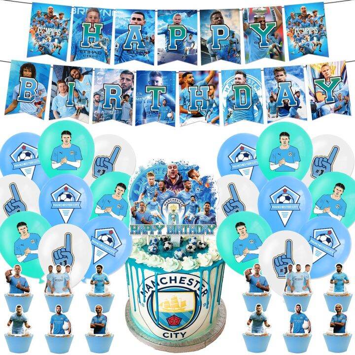 Manchester City FC theme kids birthday party decorations banner cake