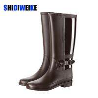 แฟชั่น rainboots ผู้หญิงเข่าสูงน้ำรองเท้าหัวเข็มขัดหลอดยาวคุณภาพสูงกันน้ำรองเท้าสตรียางพีวีซีรองเท้าฝน AD2341 ~