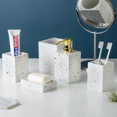 【jw】♟  Criativo azul terrazzo pintado acessórios do banheiro conjunto de cerâmica europeia moderna quatro peças titular escova dentes sabão prato