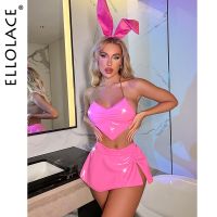 ZZOOI Ellolace Latex Lingerie Neon Pink Underwear Women 3-Piece Bunny Sexy PVC Outfit Sexy Nightclub Leather  Costumes