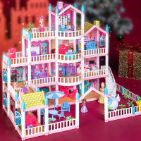 Princess Big Villa DIY Dollhouse Pink Castle Play Room With Dolls Kit Assembly Doll House Girls Pretend Toys Birthday Gifts