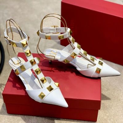 2023 spring and summer Valentinoˉstyle leather big willow studs three-strap sandals high-heeled shoes pointed toe two-strap semi-slippers
