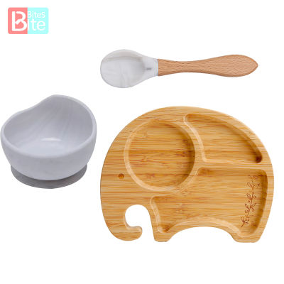 3PCSSET Baby Silicone Feeding Bowl Bamboo Plate Set Elephant-shaped Non-slip Suction Cup Childrens Tableware Birthday Gifts